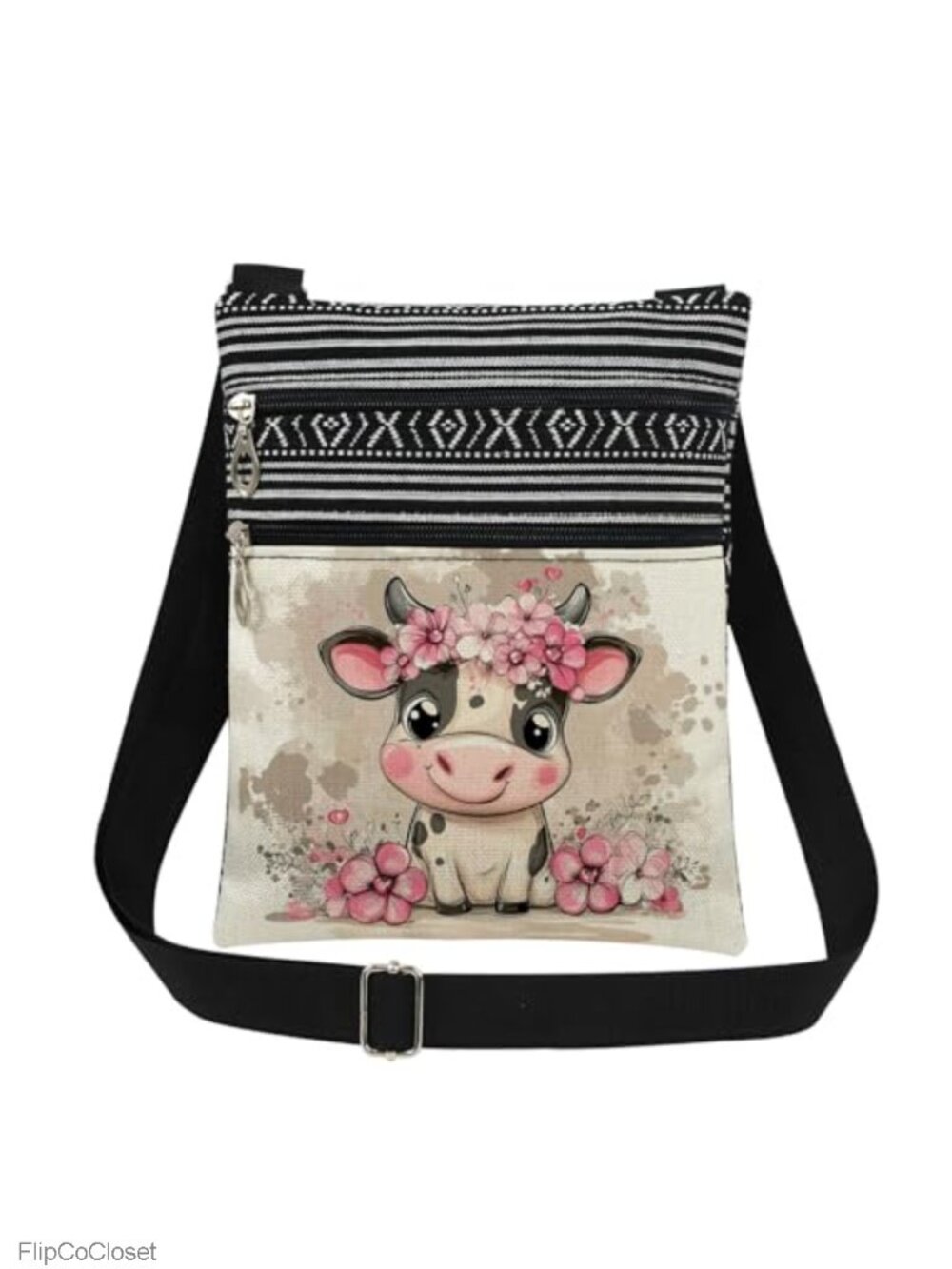 Cow Print Crossbody Bag Polyester Floral Adjustable Strap Dual Pocket